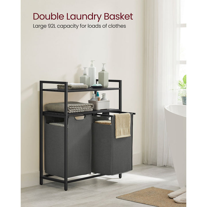 2 x 46L Laundry Basket with 2 Shelves Black and Grey