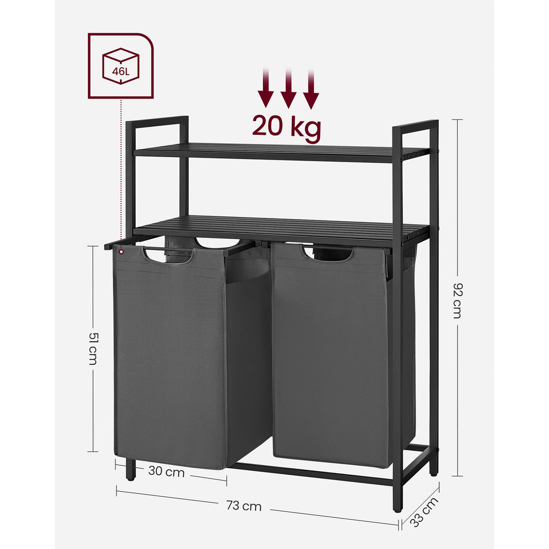 2 x 46L Laundry Basket with 2 Shelves Black and Grey