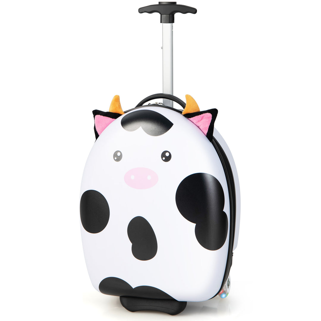 Kids Luggage with Light-up Wheels and Telescopic Handle-White Cow