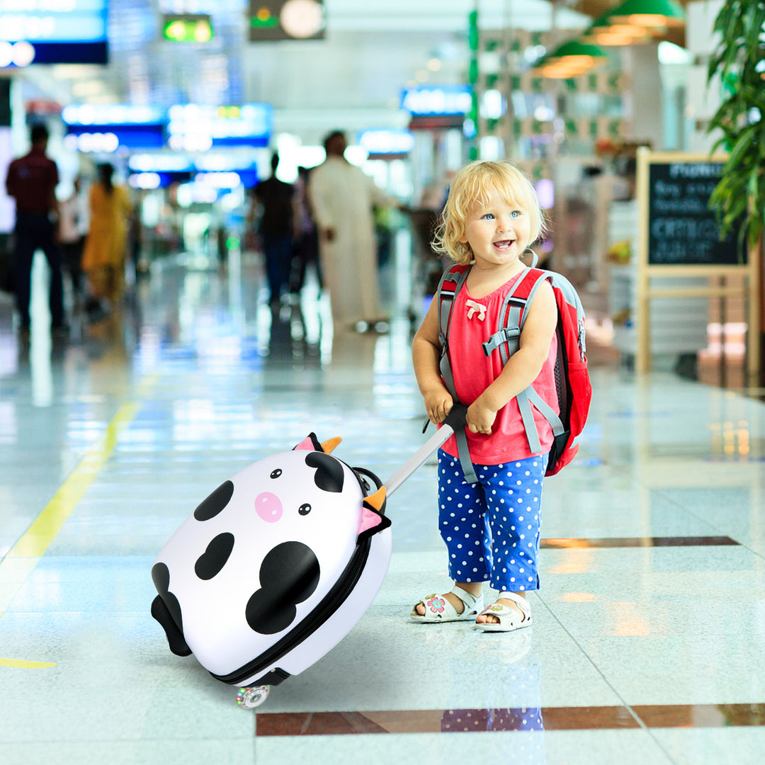 Kids Luggage with Light-up Wheels and Telescopic Handle-White Cow