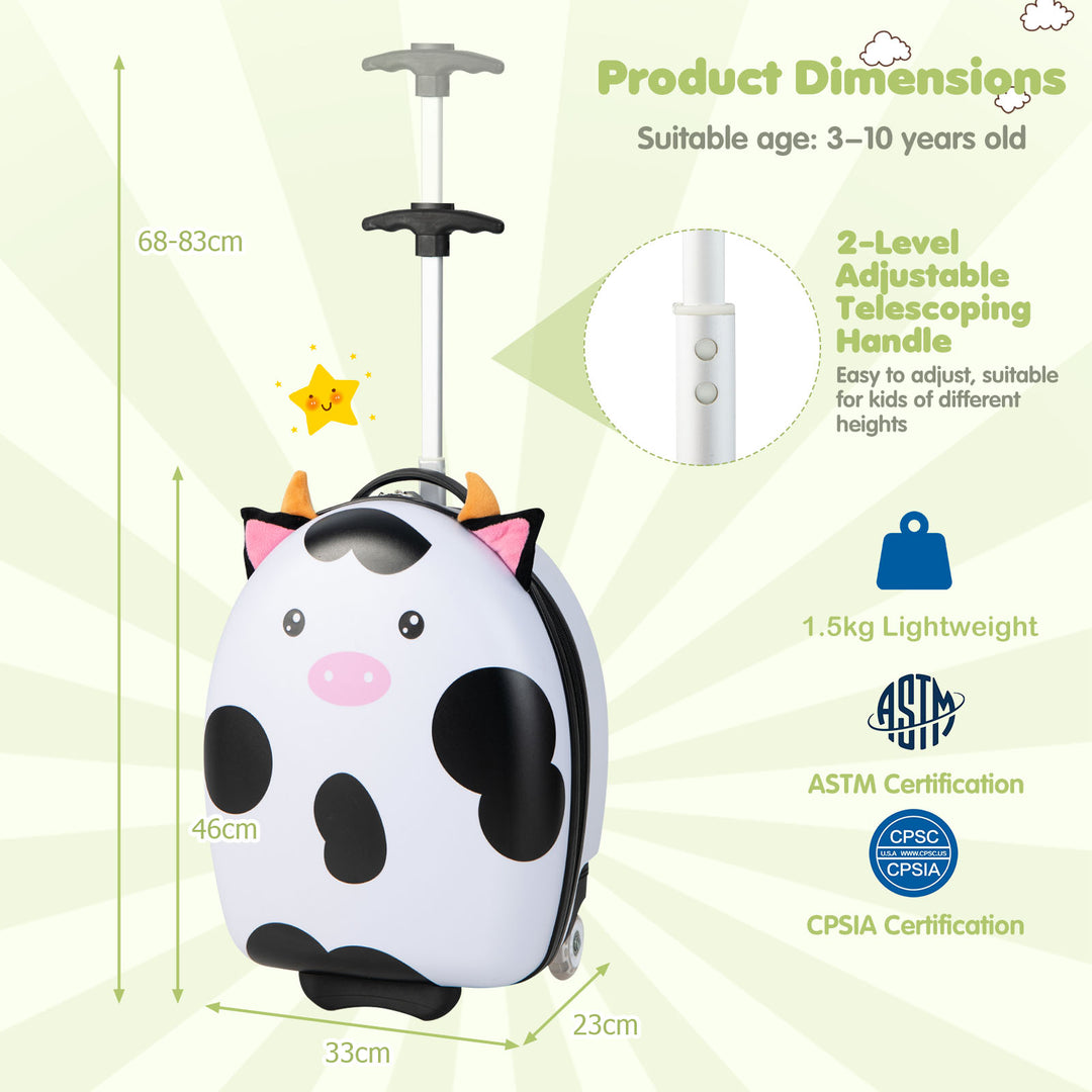 Kids Luggage with Light-up Wheels and Telescopic Handle-White Cow