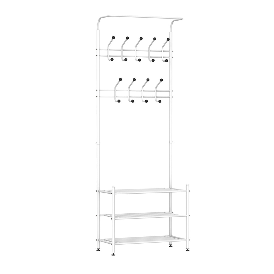 Coat Rack Stand Hall Tree Hallway Furniture with 18 Hooks 3-Tier Shoe Rack Metal Frame for Entryway Bedroom Living Room White