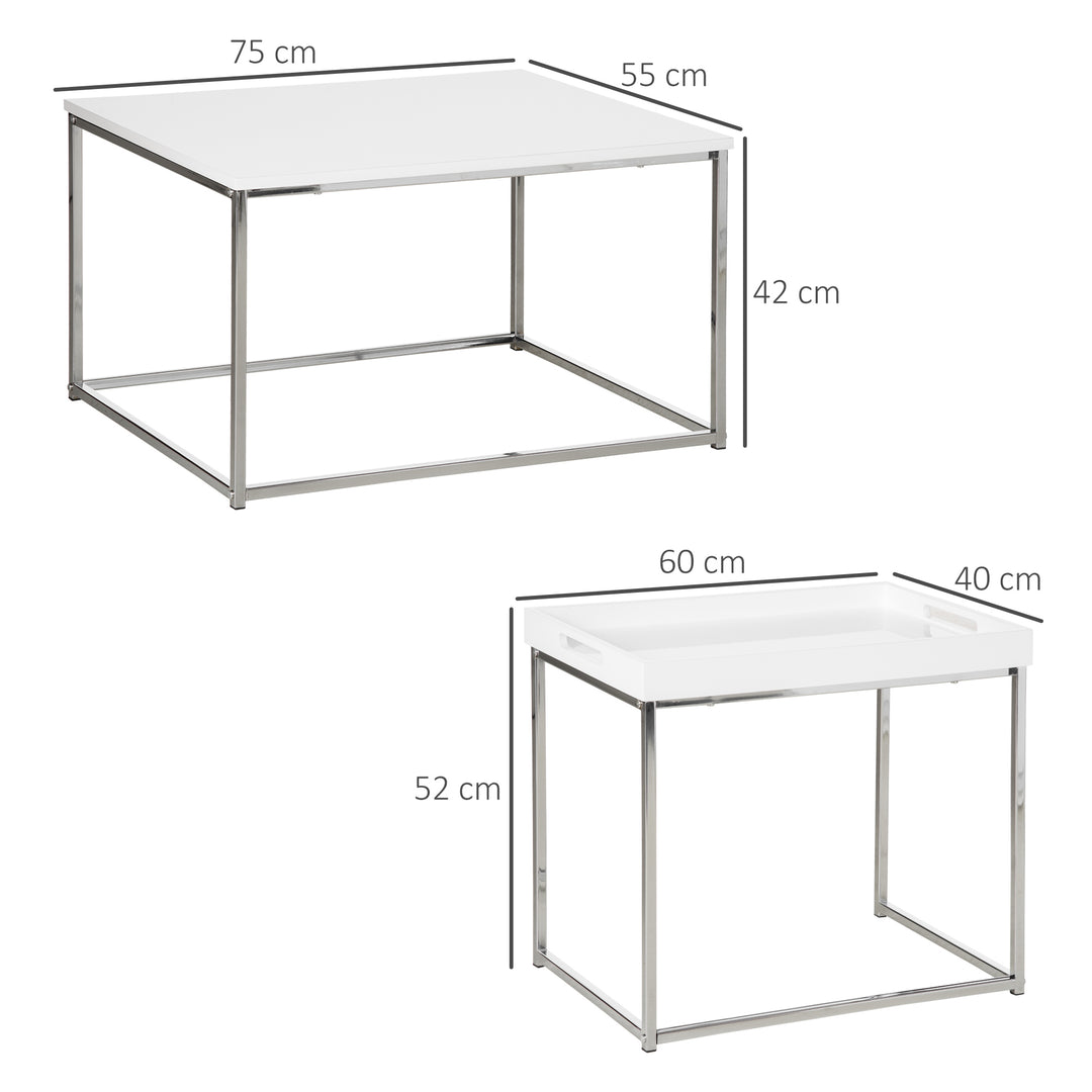 Coffee Table Set of 3, Modern Nest of Tables with Steel Frame and High Gloss Effect for Living Room, White