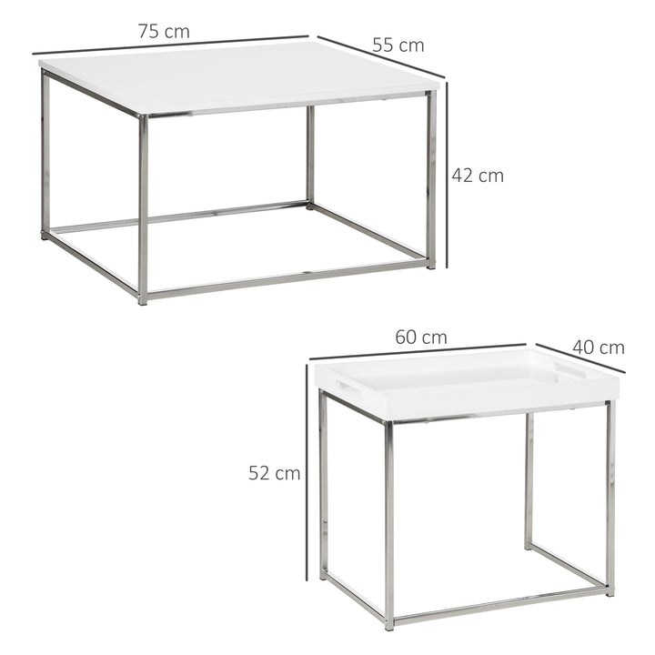 Coffee Table Set of 3, Modern Nest of Tables with Steel Frame and High Gloss Effect for Living Room, White