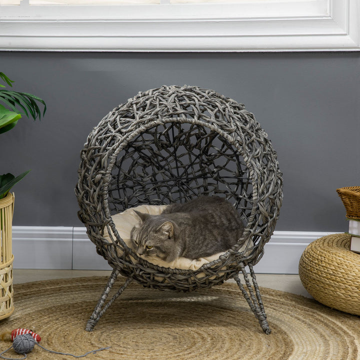 Woven Rattan Elevated Cat Bed House Kitten Pussy Basket Ball Shaped Pet Furniture w/ Removable Cushion Natural 52 x 52 x 58 cm, Silver Grey