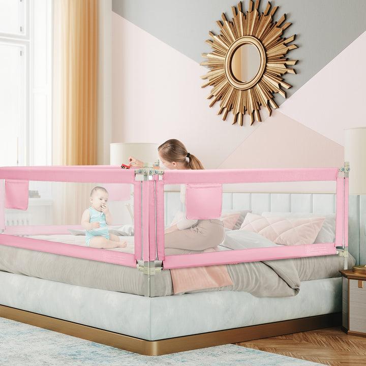 Infant Safety Bed Guardrail with Anti-Collision Cotton and Side Pocket-Pink