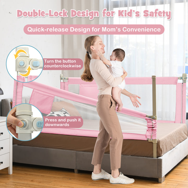 Infant Safety Bed Guardrail with Anti-Collision Cotton and Side Pocket-Pink