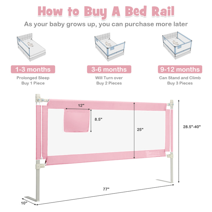 Infant Safety Bed Guardrail with Anti-Collision Cotton and Side Pocket-Pink