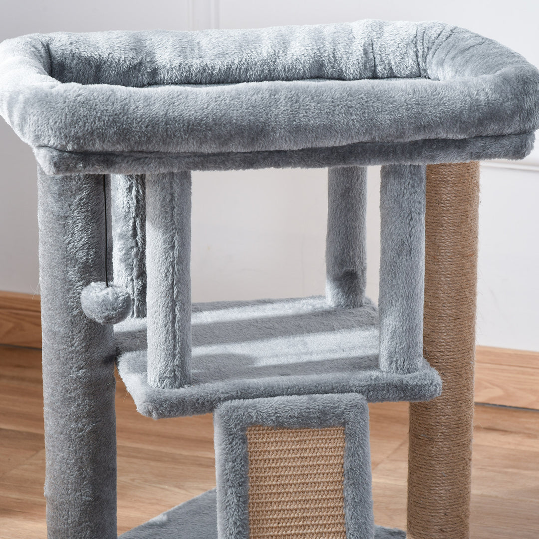 PawHut Cat Tree Tower for Indoor Cats Climbing Activity Center Kitten Furniture with Jute Scratching Pad Ball Toy Condo Perch Bed 40 x 40 x 57cm Grey