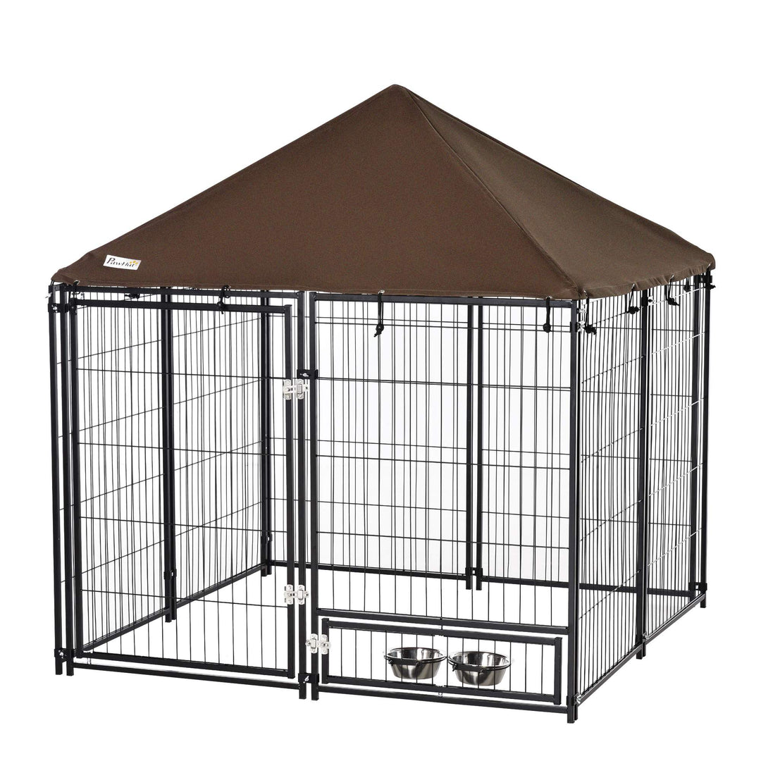 PawHut Outdoor Dog House Kennel with Water-resistant Roof Lockable Mesh Metal Cage Steel Fence, 141 x 141 x 121 cm