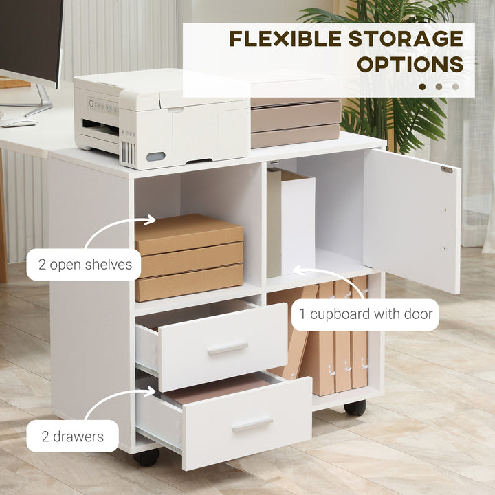 Vinsetto Printer Stand with Wheels, Mobile Printer Table with Open Shelves, Drawers and Enclosed Compartment for Home Office, White