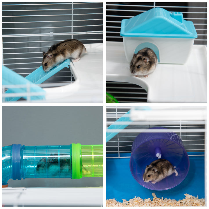 Large Hamster Cage, 5-Level Gerbil Haven, Small Rodent House, Tunnel Tube System, with Water Bottle, Exercise Wheel, Ramps, 59x36x 69 cm Blue