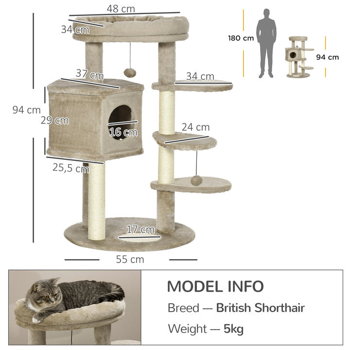 Cat Tree, Cat Tower for Indoor Cats with Sisal Scratching Post, Ramp, Kitten Bed, Condo, Ball Toy, Brown, 55x55x94 cm