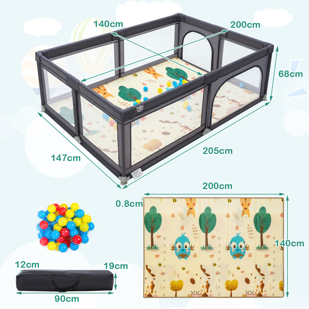 200 x 140cm Baby Safety Play Yard with Mat and Ocean Balls-Dark Grey