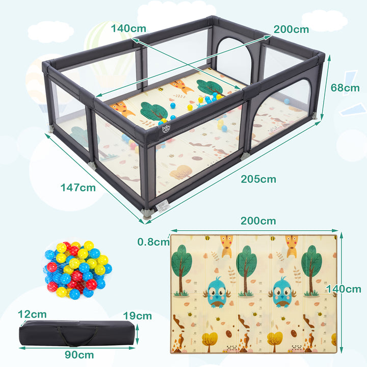 200 x 140cm Baby Safety Play Yard with Mat and Ocean Balls-Dark Grey
