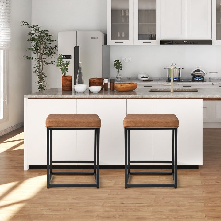 Bar Stools Set of 2 with PVC Leather Cushion-Brown
