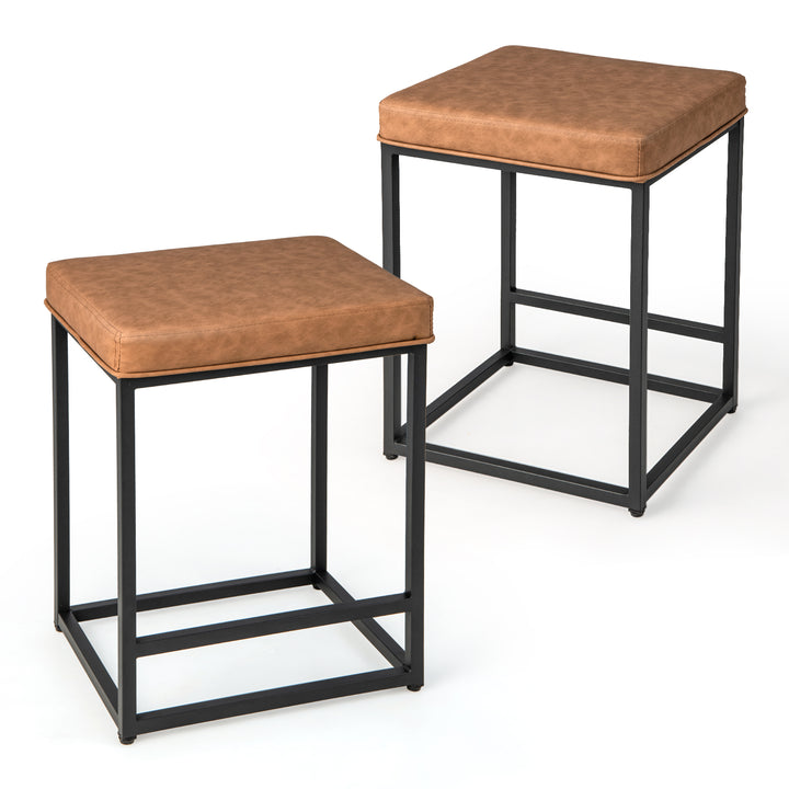 Bar Stools Set of 2 with PVC Leather Cushion-Brown