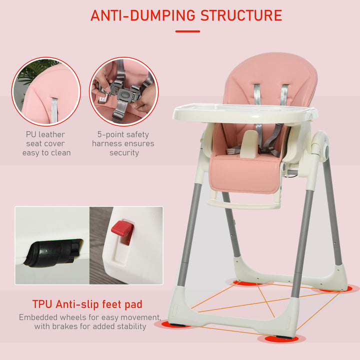 Foldable Baby High Chair Convertible to Toddler Chair Height Adjustable with Removable Tray 5-Point Harness Mobile with Wheels Pink