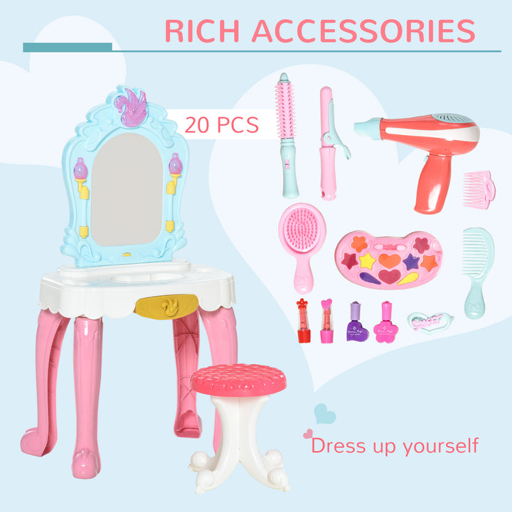 20 PCS Kids Dressing Table Set, Children Vanity Make Up Desk, Musical Pretend Toy, with Beauty Kit, Mirror, Stool, for 3-6 Years Old, Pink