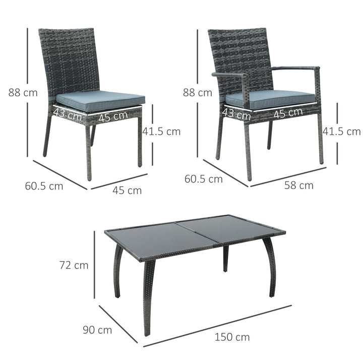 6-Seater Garden Dining Set Steel Frame PE Rattan Wicker w/ 6 Chairs Large Table Glass Top Curved Legs Feet Pads Thick Cushions Suitable Grey