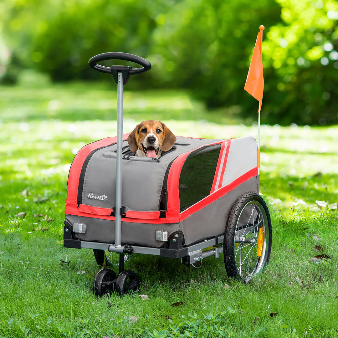 PawHut Dog Bike Trailer Two-In-One Trolley Stroller Cart Bicycle Carrier for Cat Puppy Travel w/ Reflectors Red Flag – Red