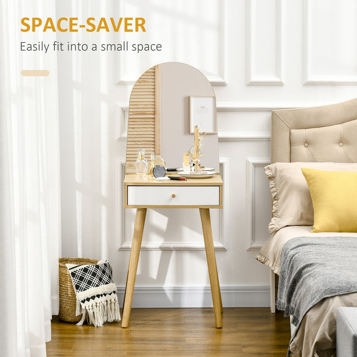 Modern Dressing Table with Large Mirror and Storage Drawer, Compact Vanity Table for Bedroom, Natural