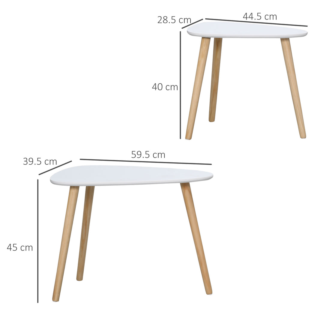 Modern Side Table Set of 2, Triangular Nest of Tables, End Table with Solid Wood Legs, for Living Room Bedroom, White