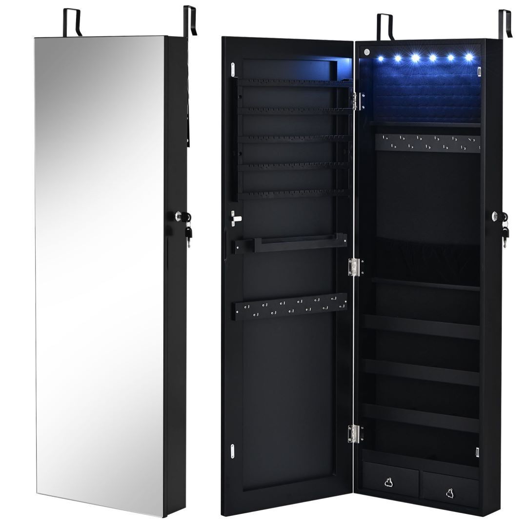 LED Lights Wall Mounted Jewellery Armoire with Full Length Mirror-Black