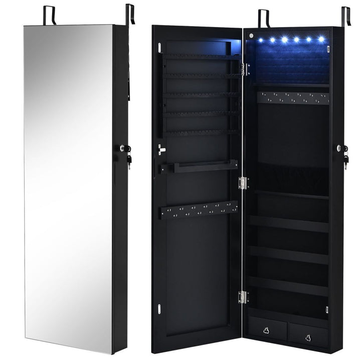 LED Lights Wall Mounted Jewellery Armoire with Full Length Mirror-Black