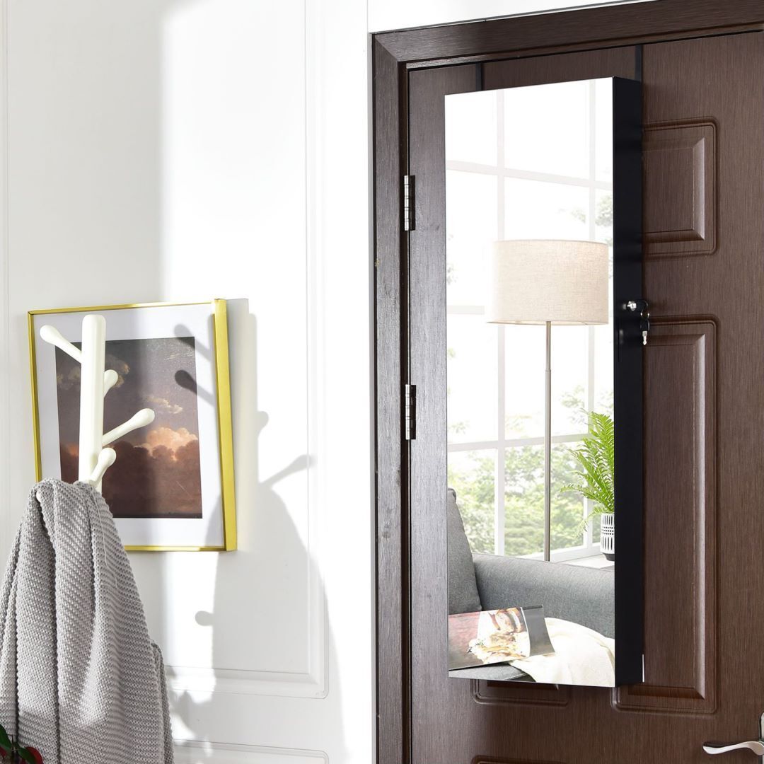 LED Lights Wall Mounted Jewellery Armoire with Full Length Mirror-Black