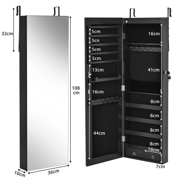 LED Lights Wall Mounted Jewellery Armoire with Full Length Mirror-Black