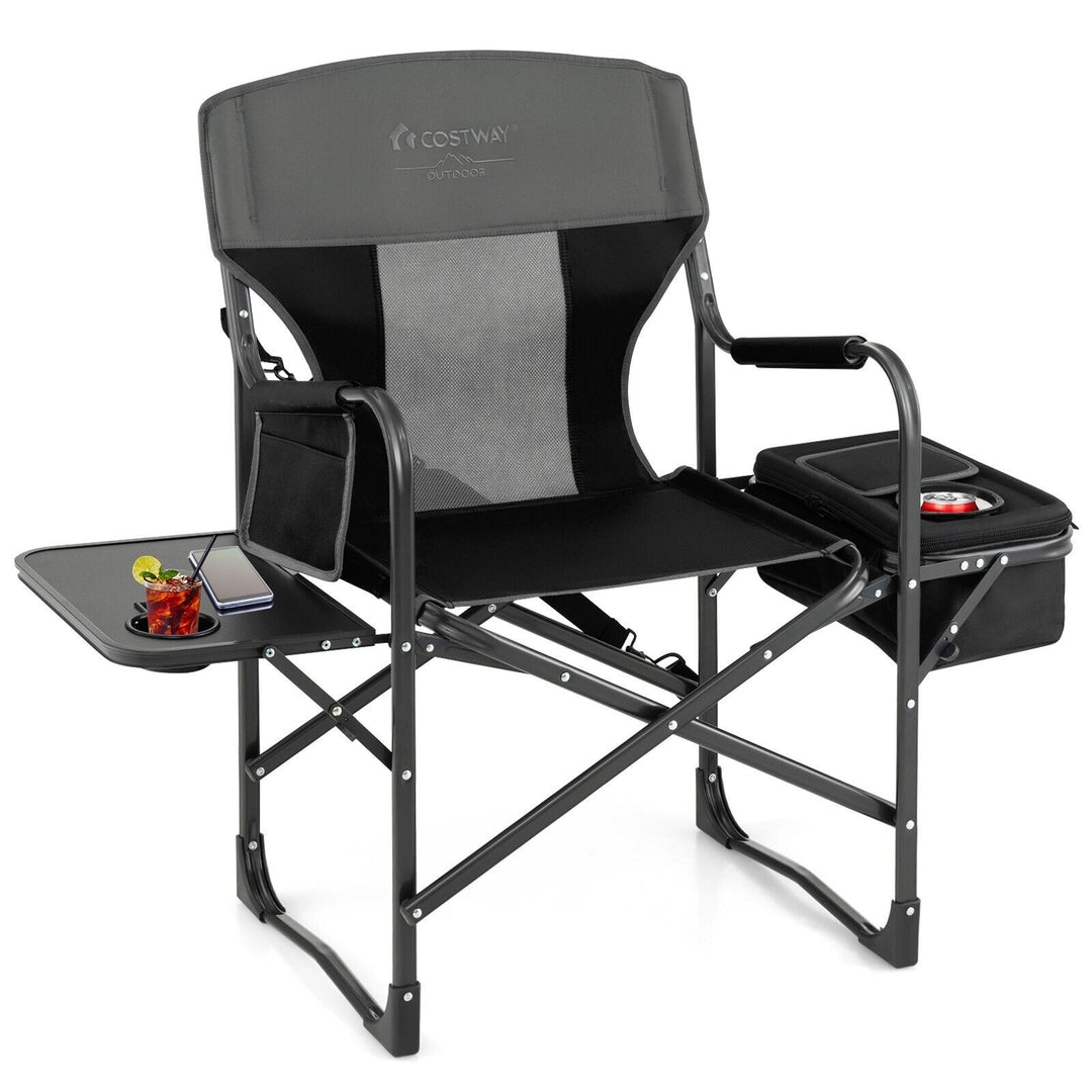 Folding Camping Chair with Side Table and Cooler Bag-Black