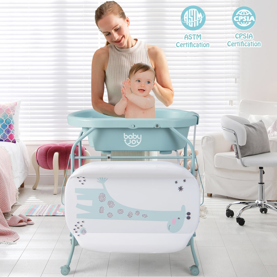 Baby Change Table with Bathtub and Folding Changing Station-Blue