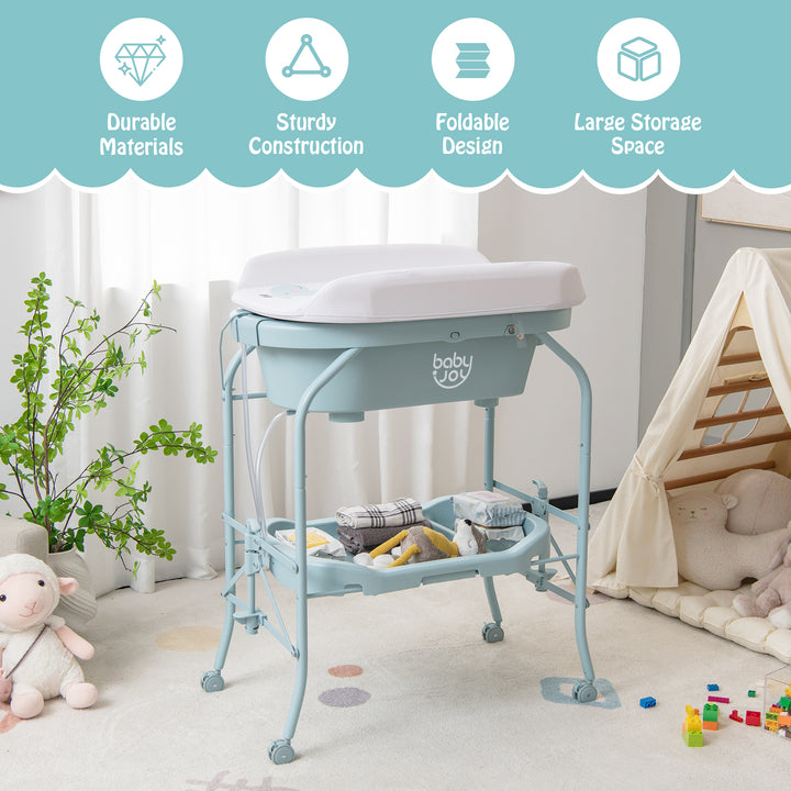 Baby Change Table with Bathtub and Folding Changing Station-Blue