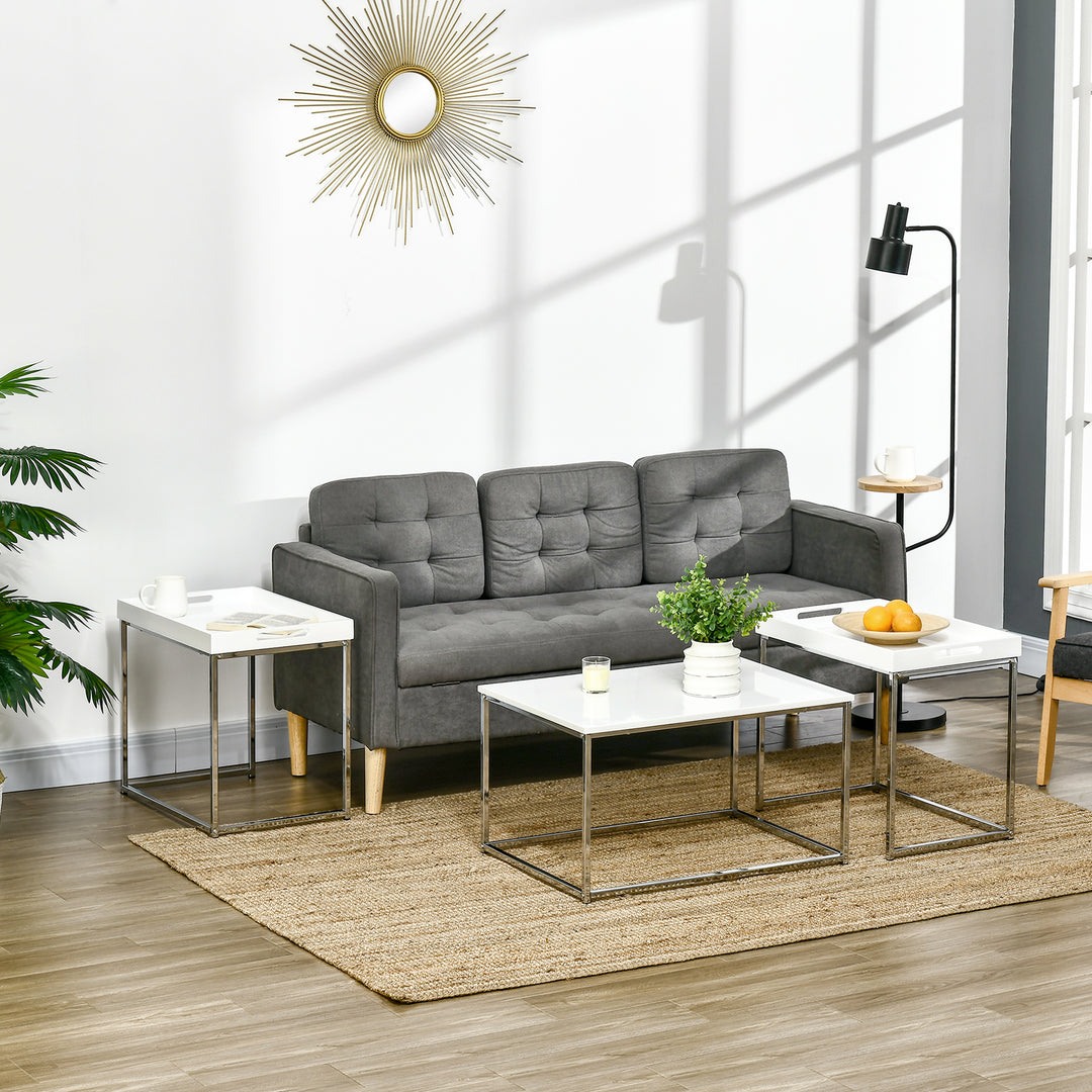 Coffee Table Set of 3, Modern Nest of Tables with Steel Frame and High Gloss Effect for Living Room, White