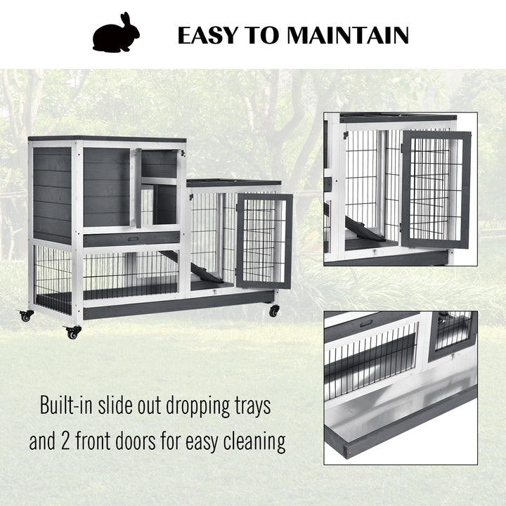 PawHut Wooden Indoor Guinea Pigs Hutches Elevated Cage Habitat with Enclosed Run with Wheels, Ideal for Rabbits and Guinea Pigs, Grey and White