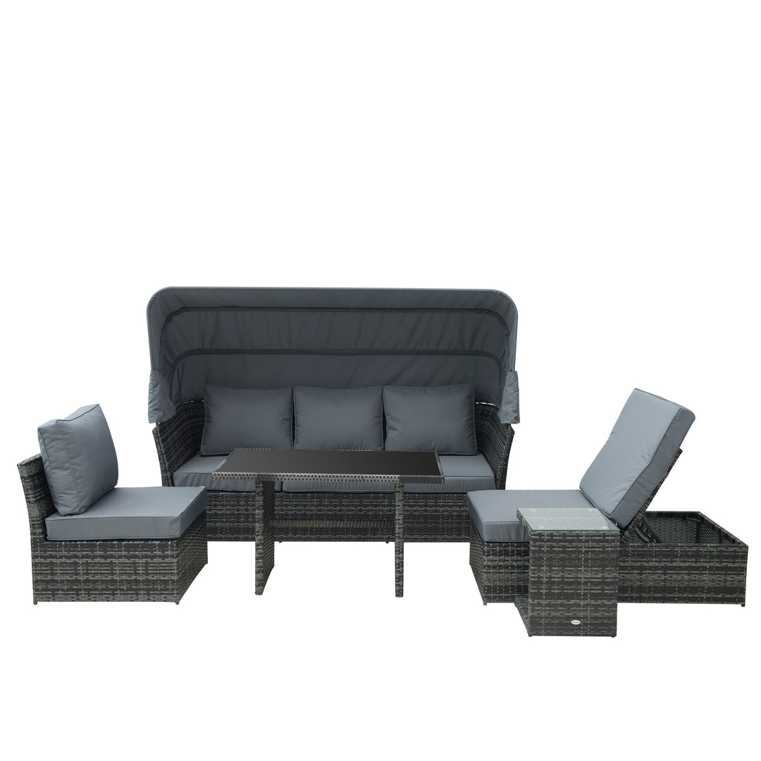 Outsunny 5-Seater Outdoor Rattan Garden Sofa Sets Reclining Sofa Adjustable Canopy & Side Dining Table Set, Mixed Grey