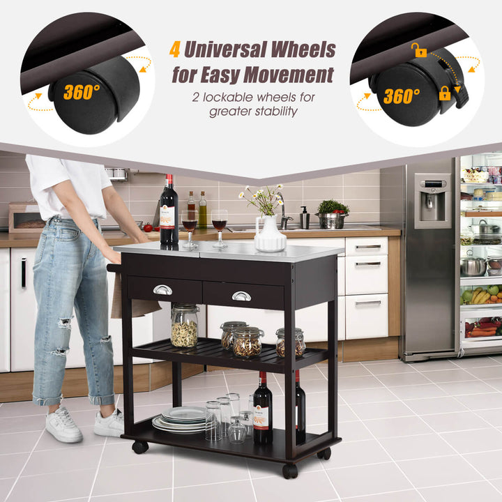 3-Tier Rolling Kitchen Island  Cart with Drawers-Brown