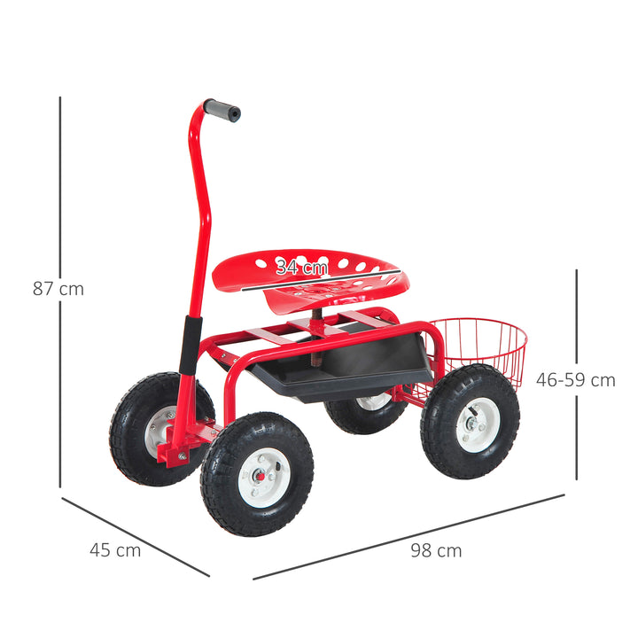 Outsunny Adjustable Rolling Garden Cart Outdoor Garden Planting Station Trolley Swivel Gardener Work Seat Heavy Duty w/ Tool Tray &amp; Basket Red 150kg