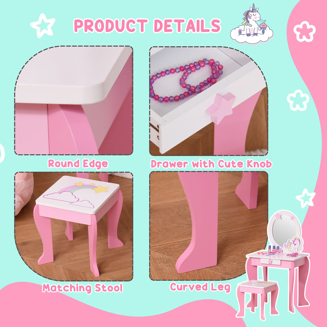 Girls Dressing Table with Mirror and Stool, Kids Dressing Table, Unicorn Pretend Play Toy for Toddles Girls Age 3-6 Years, Acrylic Mirror, Pink and White
