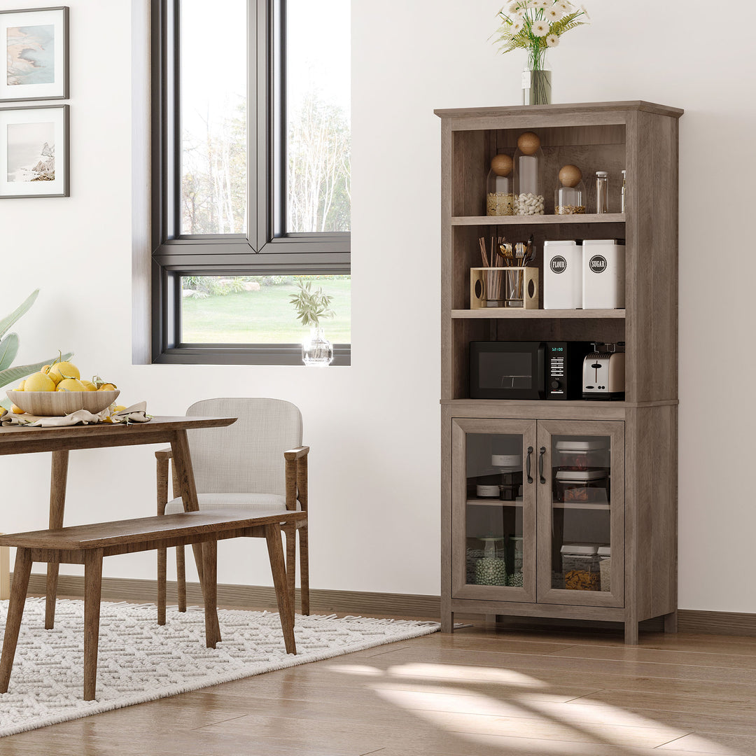 Free standing Kitchen Cupboard with 3 Open Shelves, Glass Door Cabinet, Storage Unit Home Organisation, Brown