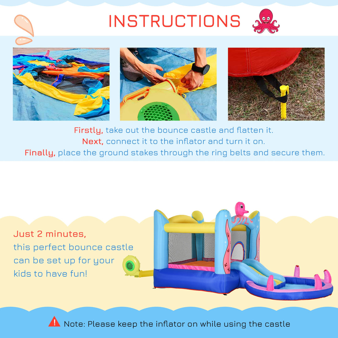 Outsunny Kids Bounce Castle House Inflatable Trampoline Slide Water Pool 3 in 1 with Inflator for Kids Age 3-12 Octopus Design 3.8 x 2 x 1.8m