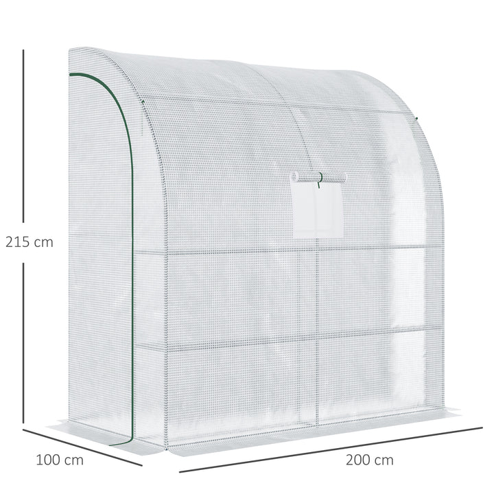 Outsunny Walk-In Lean to Polytunnel Greenhouse with Windows and Doors 2 Tiers 4 Wired Shelves 200L x 100W x 215Hcm White