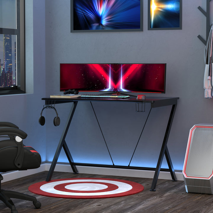 Gaming Desk Computer Table Metal Frame with Cup Holder, Headphone Hook, Cable Hole, Black