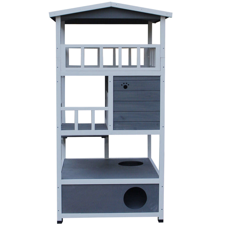 PawHut Cats Fir Wood 3-Tier Waterproof Play House Grey