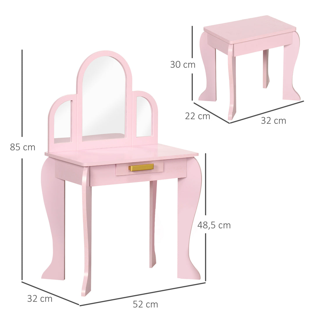 Kids Dressing Table with Mirror and Stool, Kids Vanity Set, Girl Makeup Desk with Drawer for 3-6 Years Old Children, Pink