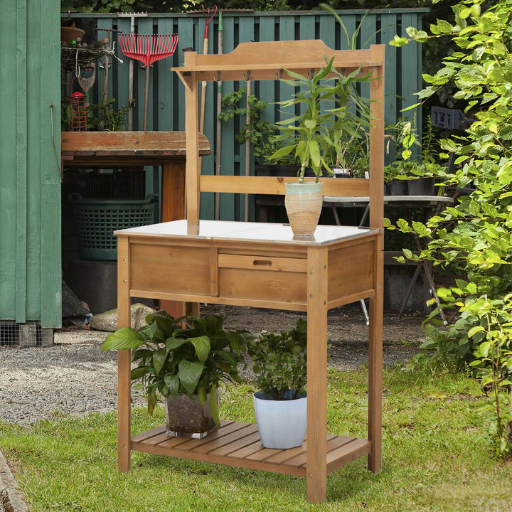 Wooden Spacious Garden Potting Table with Large Storage Space Galvanized Metal Workstation Sink Shelves 80L x 42W x 142H cm