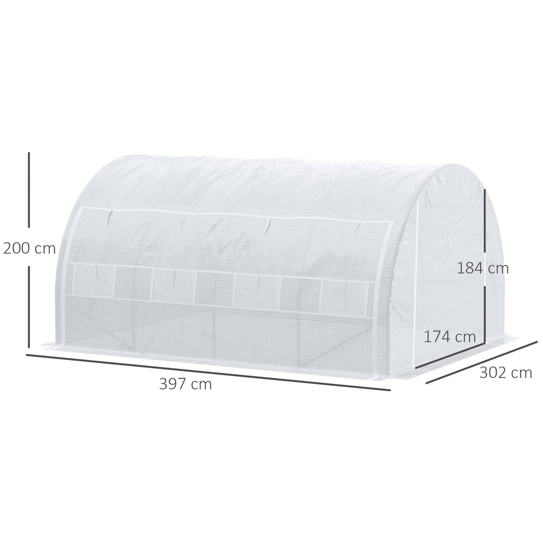 Outsunny 4 x 3 x 2 m Polytunnel Greenhouse with Steel Frame, Reinforced Cover, Zippered Door and 8 Windows for Garden and Backyard, White