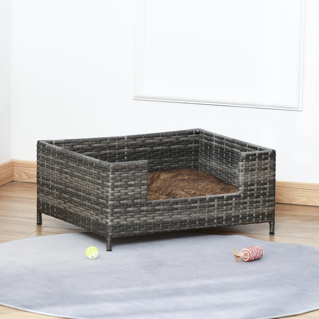 PawHut Rattan Dog Cat Bed Four Feet Pet House Hand-knitted Metal Small Animal Sofa Rattan with Soft Machine Washable Cushion White-gray