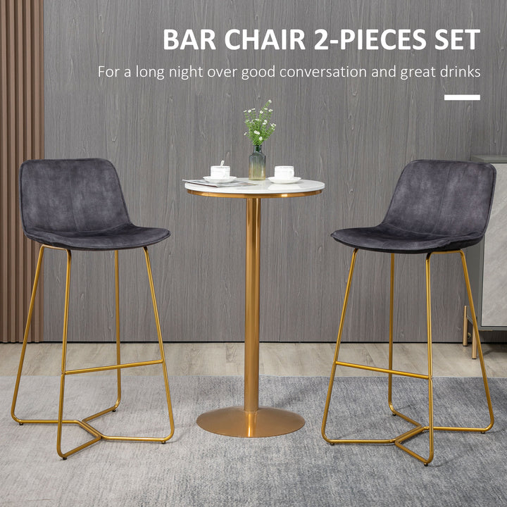 Bar Stools, Set of 2, Velvet-Touch Fabric Breakfast Bar Chairs with Footrest, Tall Kitchen Stools &amp; Gold-Tone Metal Legs for Dining Area, Grey